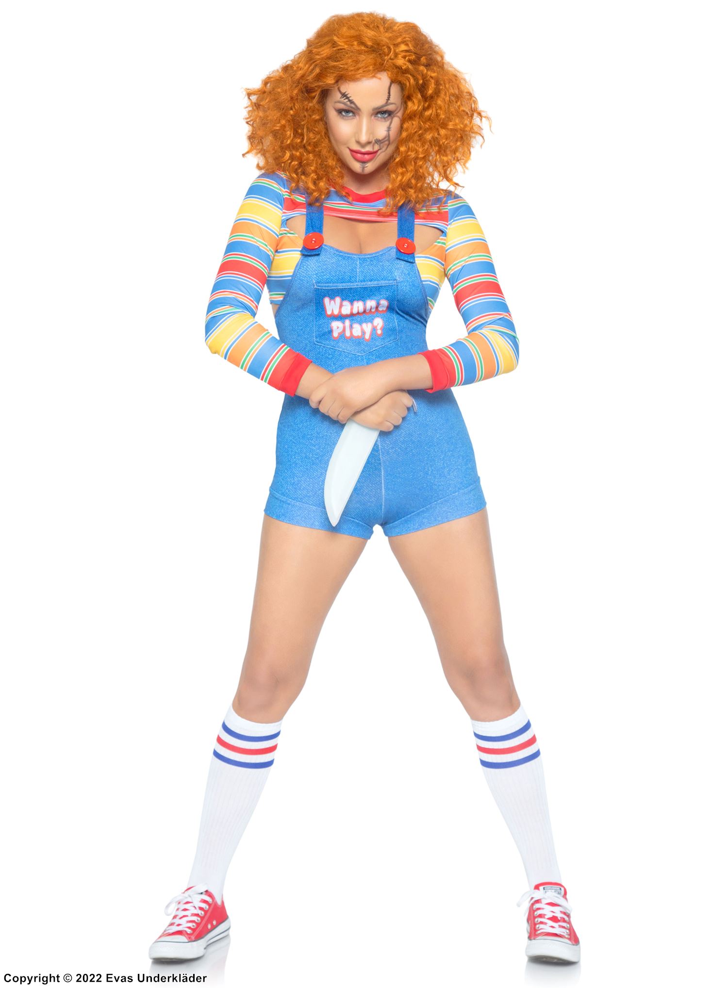 Chucky aus "Chucky – Die Mörderpuppe" (Frau), Kostüm-Top und -Romper, Tasten, Tasche, horizontale Streifen